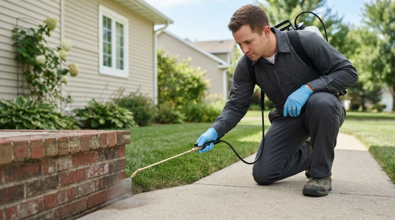 Pest control technician treating a home near Hebron, NH